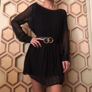 Flowy Fall Sheer Pleated Black Long Sleeve Dress